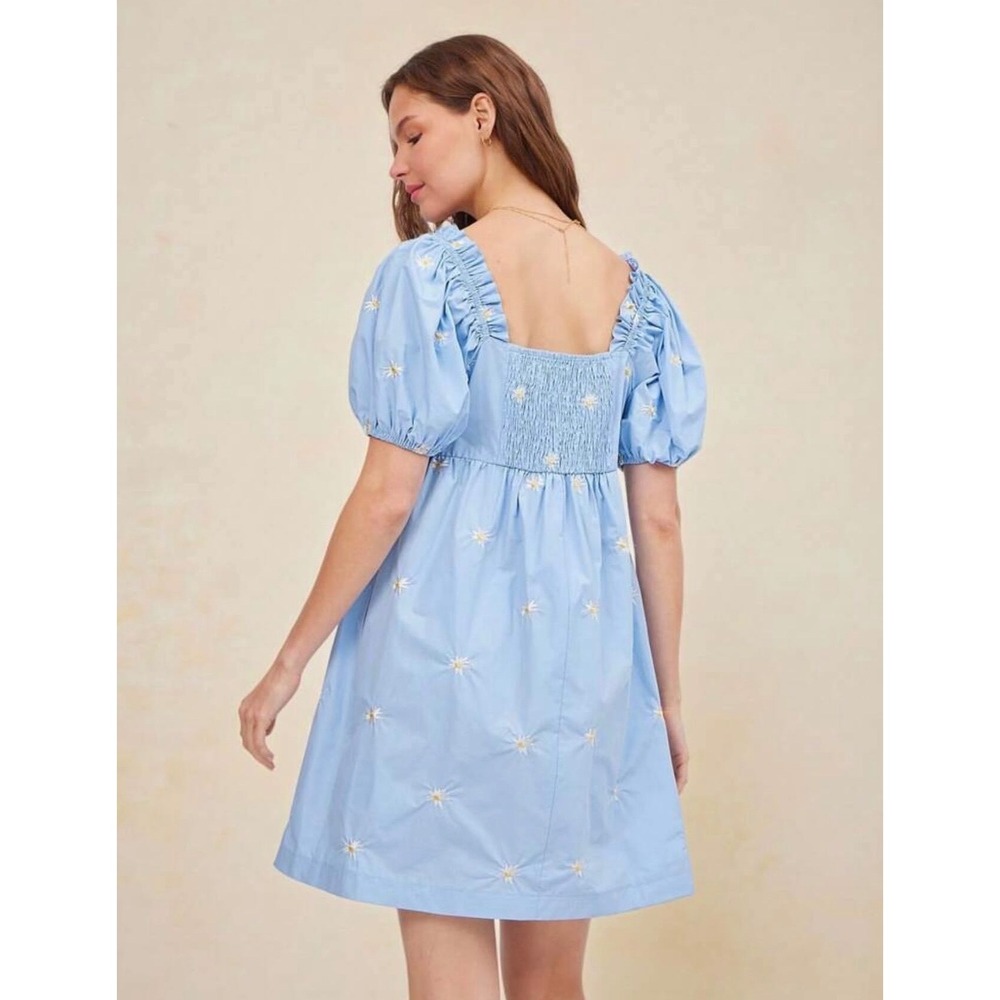 Mable Mini Dress Women Medium Blue Excellent Embroidered Daisy Puff Sleeve Smock